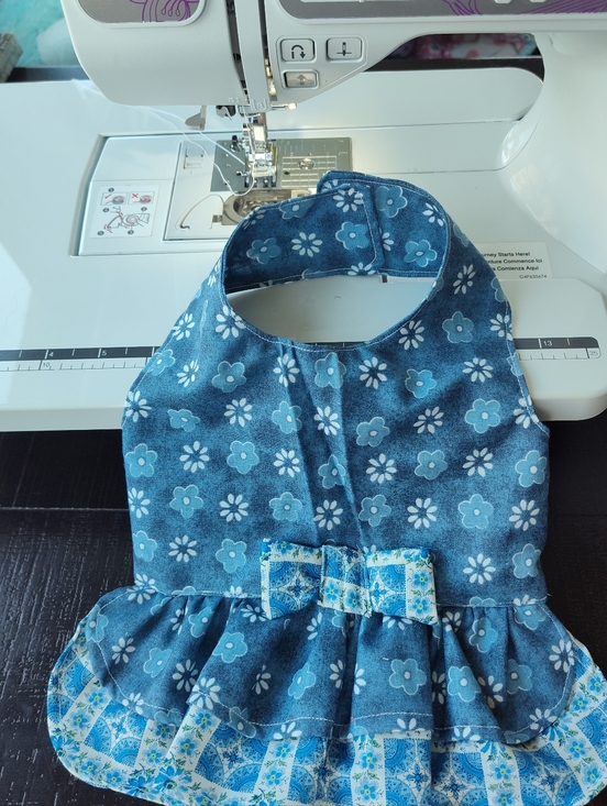 handsewn Other - Blue Floral Ruffle Dog Dress with Bow